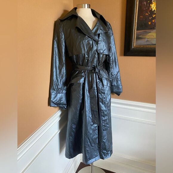 Lafayette 148 Classic Trench Metallic Coat Front Tie Blue-Gray 8 - Picture 4 of 8